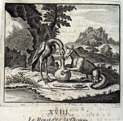 ジャン・ド・ラ・フォンテーヌ（1621-95）の寓話集『キツネとシゴーニュ』。挿絵はFrançois Chauveau（1613-1676）。1728年の版。 作： Francois Chauveau