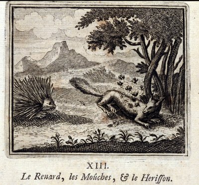 キツネとハエとヘリソン」。ジャン・ド・ラ・フォンテーヌ（1621-95）の寓話。挿絵はフランソワ・ショーボー（1613-1676）。1728年の版。 作： Francois Chauveau