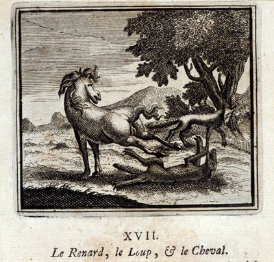 狐と狼と馬。ジャン・ド・ラ・フォンテーヌ（1621-95）の寓話。挿絵はフランソワ・ショーボー（1613-1676）。1728年の版。 作： Francois Chauveau