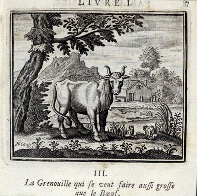 牛肉のように大きくなりたいカエル。ジャン・ド・ラ・フォンテーヌ（1621-95）の寓話。挿絵はフランソワ・ショーボー（1613-1676）。1728年の版。 作： Francois Chauveau