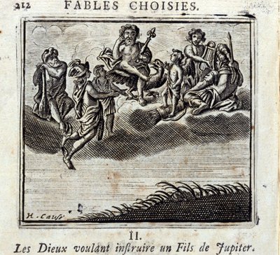 神々はジュピターの息子を教えようとする。ジャン・ド・ラ・フォンテーヌ（1621-95）の寓話。挿絵はフランソワ・ショーボー（1613-1676）。1728年の版。 作： Francois Chauveau