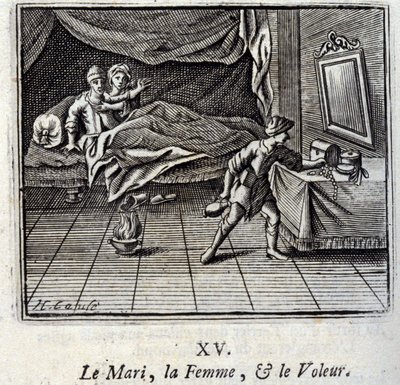 夫、女、そして泥棒。ジャン・ド・ラ・フォンテーヌ（1621-95）の寓話。挿絵はフランソワ・ショーボー（1613-1676）。1728年の版。 作： Francois Chauveau