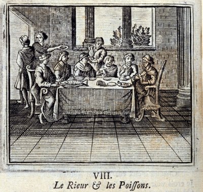 笑い」と「魚座」。ジャン・ド・ラ・フォンテーヌ（1621-95）の寓話。挿絵はフランソワ・ショーボー（1613-1676）。1728年の版。 作： Francois Chauveau