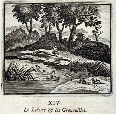 リーヴルとカエル。ジャン・ド・ラ・フォンテーヌ（1621-95）の寓話。挿絵はフランソワ・ショーボー（1613-1676）。1728年の版。 作： Francois Chauveau
