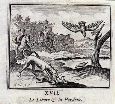 ジャン・ド・ラ・フォンテーヌ（1621-95）の寓話「リーヴルとパルデリクス」。挿絵はFrançois Chauveau（1613-1676）。1728年の版。 作： Francois Chauveau