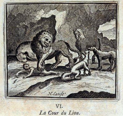 ライオンコートです。ジャン・ド・ラ・フォンテーヌ（1621-95）の寓話集。フランソワ・ショーボー（1613-1676）によるイラスト。1728年の版。 作： Francois Chauveau