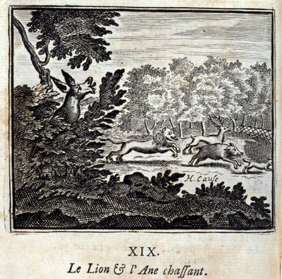 ライオンとロバの狩り。ジャン・ド・ラ・フォンテーヌ（1621-95）の寓話。挿絵はフランソワ・ショーボー（1613-1676）。1728年の版。 作： Francois Chauveau