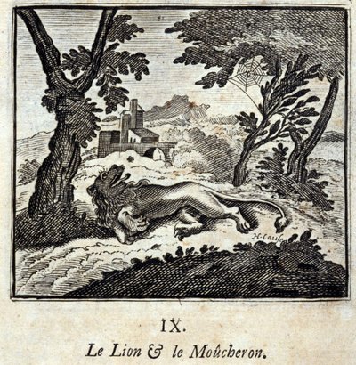 ライオンとヒタキ。ジャン・ド・ラ・フォンテーヌ（1621-95）の寓話。挿絵はフランソワ・ショーボー（1613-1676）。1728年の版。 作： Francois Chauveau