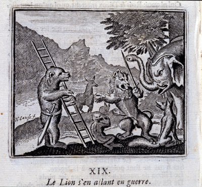 戦争に行くライオン。ジャン・ド・ラ・フォンテーヌ（1621-95）の寓話。挿絵はフランソワ・ショーボー（1613-1676）。1728年の版。 作： Francois Chauveau
