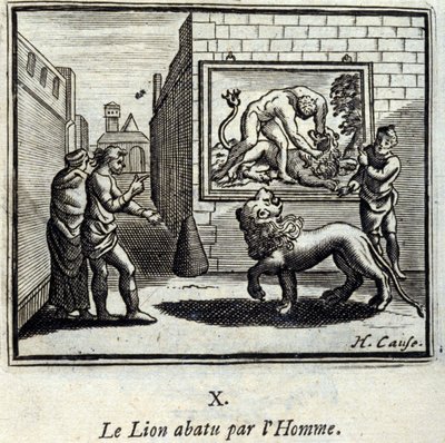 人間に撃墜されたライオン。ジャン・ド・ラ・フォンテーヌ（1621-95）の寓話。挿絵はフランソワ・ショーボー（1613-1676）。1728年の版。 作： Francois Chauveau