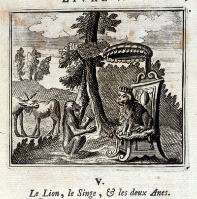 ジャン・ド・ラ・フォンテーヌ（1621-95）の寓話『ライオンとサルと2匹のアネ』。挿絵はフランソワ・ショーボー（1613-1676）。1728年の版。 作： Francois Chauveau