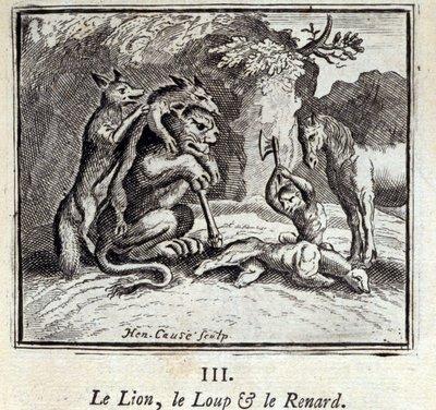 ライオン、オオカミ、キツネ。ジャン・ド・ラ・フォンテーヌ（1621-95）の寓話。挿絵はフランソワ・ショーボー（1613-1676）。1728年の版。 作： Francois Chauveau