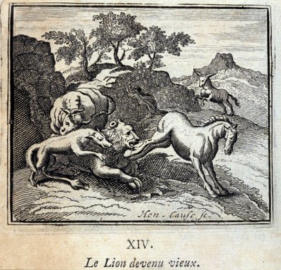 年老いたライオン。ジャン・ド・ラ・フォンテーヌ（1621-95）の寓話。挿絵はフランソワ・ショーボー（1613-1676）。1728年の版。 作： Francois Chauveau