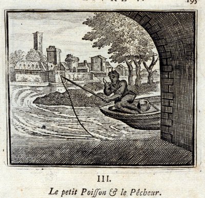 小さな魚と漁師。ジャン・ド・ラ・フォンテーヌ（1621-95）の寓話。挿絵はフランソワ・ショーボー（1613-1676）。1728年の版。 作： Francois Chauveau