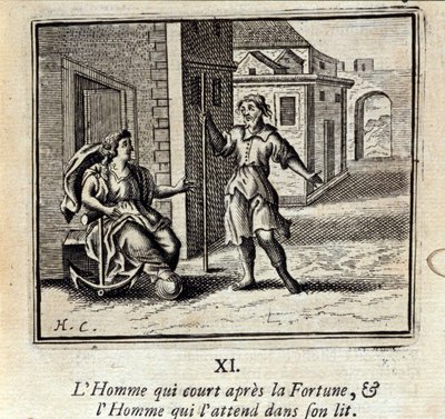 フォーチュンを追いかけて走る男と、ベッドで待つ男。ジャン・ド・ラ・フォンテーヌ（1621-95）の寓話。挿絵はフランソワ・ショーボー（1613-1676）。1728年の版。 作： Francois Chauveau