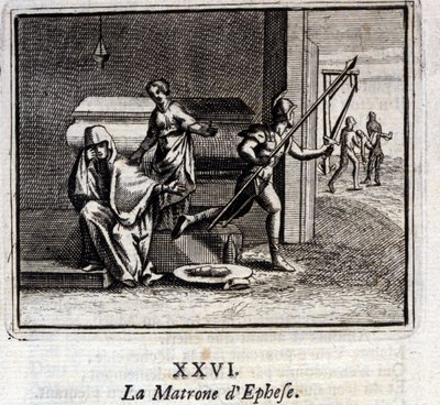 エフェスの寮母。ジャン・ド・ラ・フォンテーヌ（1621-95）の寓話。挿絵はフランソワ・ショーボー（1613-1676）。1728年の版。 作： Francois Chauveau