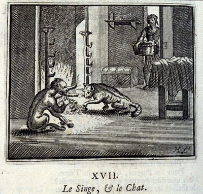 猿と猫。ジャン・ド・ラ・フォンテーヌ（1621-95）の寓話。挿絵はフランソワ・ショーボー（1613-1676）。1728年の版。 作： Francois Chauveau