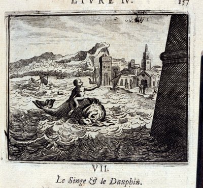 ジャン・ド・ラ・フォンテーヌ（1621-95）の寓話「猿と王太子」。挿絵はフランソワ・ショーボー（1613-1676）。1728年の版。 作： Francois Chauveau