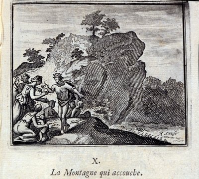 山が出産する様子。ジャン・ド・ラ・フォンテーヌ（1621-95）の寓話。挿絵はフランソワ・ショーボー（1613-1676）。1728年の版。 作： Francois Chauveau