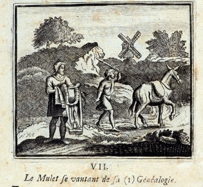 自分の系譜を自慢するマレット。ジャン・ド・ラ・フォンテーヌ（1621-95）の寓話。挿絵はフランソワ・ショーボー（1613-1676）。1728年の版。 作： Francois Chauveau