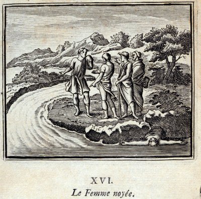 ノワイエの女」。ジャン・ド・ラ・フォンテーヌ（1621-95）の寓話。挿絵はフランソワ・ショーボー（1613-1676）。1728年の版。 作： Francois Chauveau