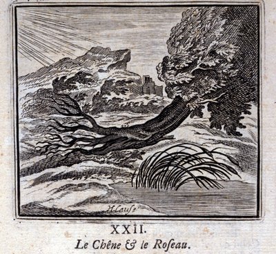 樫と葦。ジャン・ド・ラ・フォンテーヌ（1621-95）の寓話。挿絵はフランソワ・ショーボー（1613-1676）。1728年の版。 作： Francois Chauveau