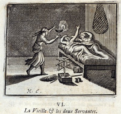 老婦人と二人の召使。ジャン・ド・ラ・フォンテーヌ（1621-95）の寓話。挿絵はフランソワ・ショーボー（1613-1676）。1728年の版。 作： Francois Chauveau
