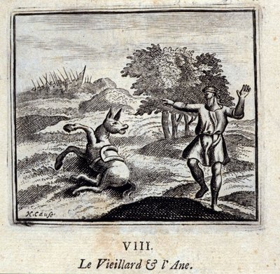 老人とロバジャン・ド・ラ・フォンテーヌ（1621-95）の寓話。挿絵はフランソワ・ショーボー（1613-1676）。1728年の版。 作： Francois Chauveau