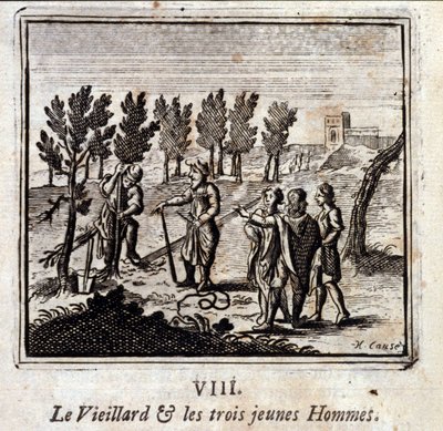 老人と3人の若者。ジャン・ド・ラ・フォンテーヌ（1621-95）の寓話。挿絵はフランソワ・ショーボー（1613-1676）。1728年の版。 作： Francois Chauveau