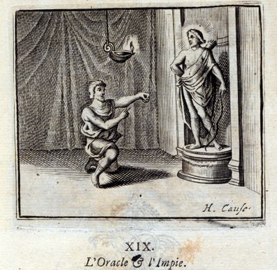 予言者と不届き者。ジャン・ド・ラ・フォンテーヌ（1621-95）の寓話。挿絵はフランソワ・ショーボー（1613-1676）。1728年の版。 作： Francois Chauveau