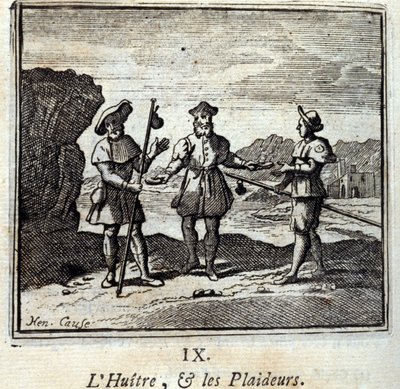 牡蠣と訴訟者たちジャン・ド・ラ・フォンテーヌ（1621-95）の寓話。挿絵はフランソワ・ショーボー（1613-1676）。1728年の版。 作： Francois Chauveau