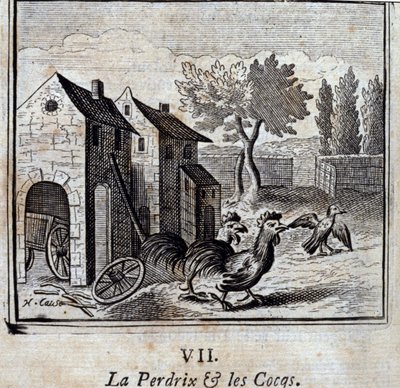 鶉と鶏。ジャン・ド・ラ・フォンテーヌ（1621-95）の寓話。挿絵はフランソワ・ショーボー（1613-1676）。1728年の版。 作： Francois Chauveau
