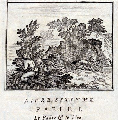 パトラとライオン。ジャン・ド・ラ・フォンテーヌ（1621-95）の寓話。挿絵はフランソワ・ショーボー（1613-1676）。1728年の版。 作： Francois Chauveau