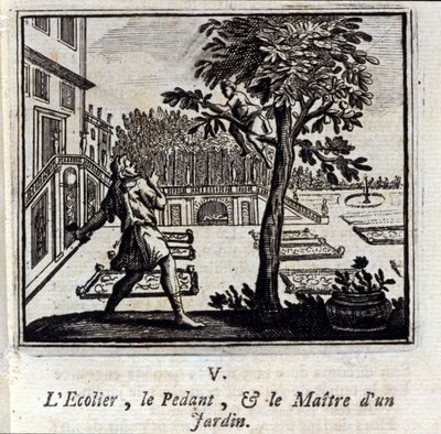 女衒学校と庭師。ジャン・ド・ラ・フォンテーヌ（1621-95）の寓話。挿絵はフランソワ・ショーボー（1613-1676）。1728年の版。 作： Francois Chauveau