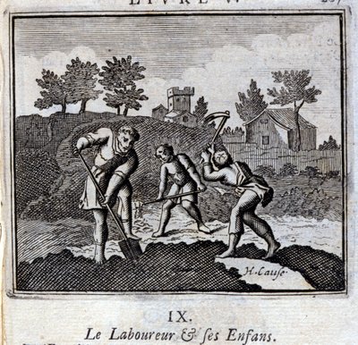 The Ploureur and his Enfants」です。ジャン・ド・ラ・フォンテーヌ（1621-95）の寓話集。フランソワ・ショーボー（1613-1676）によるイラスト。1728年の版。 作： Francois Chauveau