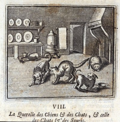 犬と猫のケレル」「猫とネズミのケレル」。ジャン・ド・ラ・フォンテーヌ（1621-95）の寓話集。挿絵はフランソワ・ショーボー（1613-1676）。1728年の版。 作： Francois Chauveau