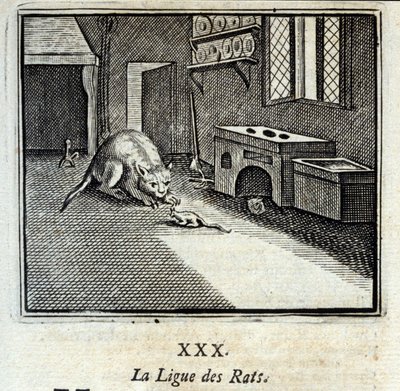 鼠同盟。ジャン・ド・ラ・フォンテーヌ（1621-95）の寓話。挿絵はフランソワ・ショーボー（1613-1676）。1728年の版。 作： Francois Chauveau