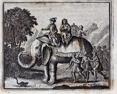 ネズミとゾウ。ジャン・ド・ラ・フォンテーヌ（1621-95）の寓話。挿絵はフランソワ・ショーボー（1613-1676）。1728年の版。 作： Francois Chauveau