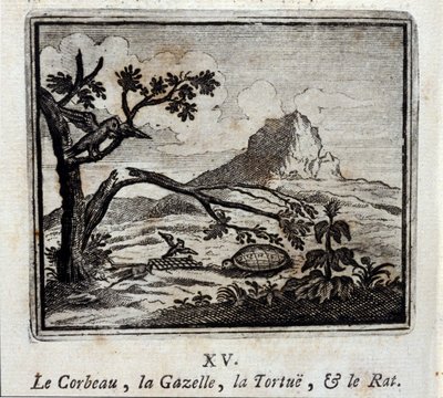 カラス、ガゼル、カメ、ネズミ。ジャン・ド・ラ・フォンテーヌ（1621-95）の寓話。挿絵はフランソワ・ショーボー（1613-1676）。1728年の版。 作： Francois Chauveau