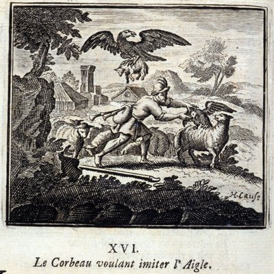 ワシの真似をしたいカラス。ジャン・ド・ラ・フォンテーヌ（1621-95）の寓話。挿絵はフランソワ・ショーボー（1613-1676）。1728年の版。 作： Francois Chauveau