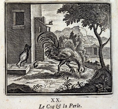 雄鶏と真珠。ジャン・ド・ラ・フォンテーヌ（1621-95）の寓話。挿絵はフランソワ・ショーボー（1613-1676）。1728年の版。 作： Francois Chauveau
