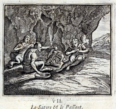 サテュロスと乗客。ジャン・ド・ラ・フォンテーヌ（1621-95）の寓話。挿絵はフランソワ・ショーボー（1613-1676）。1728年の版。 作： Francois Chauveau