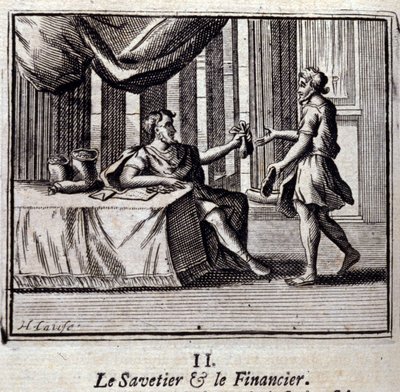 節約家と発見家。ジャン・ド・ラ・フォンテーヌ（1621-95）の寓話。挿絵はフランソワ・ショーボー（1613-1676）。1728年の版。 作： Francois Chauveau