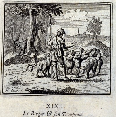 羊飼いとその群れ。ジャン・ド・ラ・フォンテーヌ（1621-95）の寓話。挿絵はフランソワ・ショーボー（1613-1676）。1728年の版。 作： Francois Chauveau