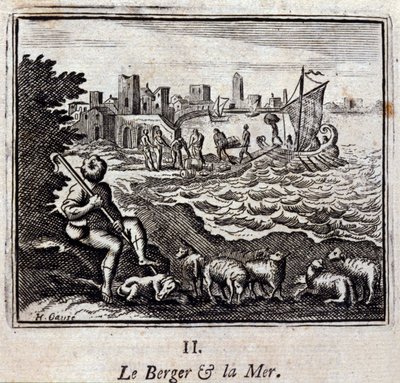 羊飼いと海」。ジャン・ド・ラ・フォンテーヌ（1621-95）の寓話。挿絵はフランソワ・ショーボー（1613-1676）。1728年の版。 作： Francois Chauveau