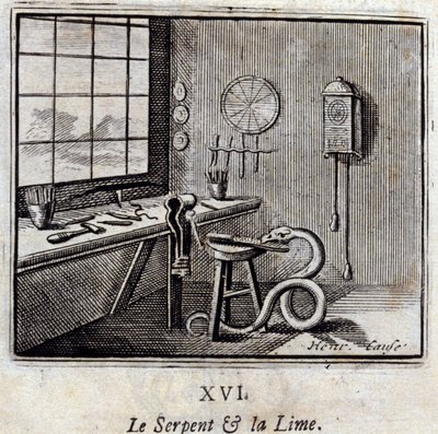 ジャン・ド・ラ・フォンテーヌ（1621-95）の寓話「蛇と石灰」。挿絵はFrançois Chauveau（1613-1676）。1728年の版。 作： Francois Chauveau