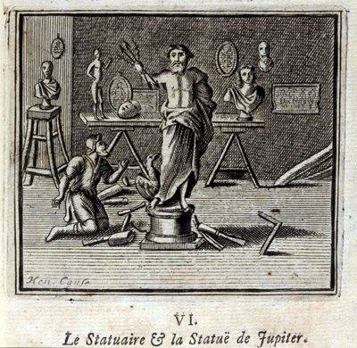 彫像とジュピターの像。ジャン・ド・ラ・フォンテーヌ(1621-95)の寓話。挿絵はフランソワ・ショーボー（1613-1676）。1728年の版。 作： Francois Chauveau