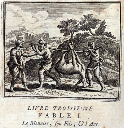 吸い魔......息子とロバジャン・ド・ラ・フォンテーヌ（1621-95）の寓話。挿絵はフランソワ・ショーボー（1613-1676）。1728年の版。 作： Francois Chauveau