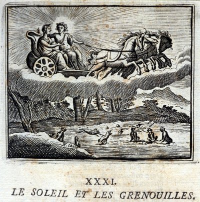 太陽とカエル。ジャン・ド・ラ・フォンテーヌ（1621-95）の寓話。挿絵はフランソワ・ショーボー（1613-1676）。1728年の版。 作： Francois Chauveau
