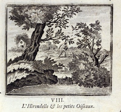 燕と小鳥たちジャン・ド・ラ・フォンテーヌ（1621-95）の寓話。挿絵はフランソワ・ショーボー（1613-1676）。1728年の版。 作： Francois Chauveau